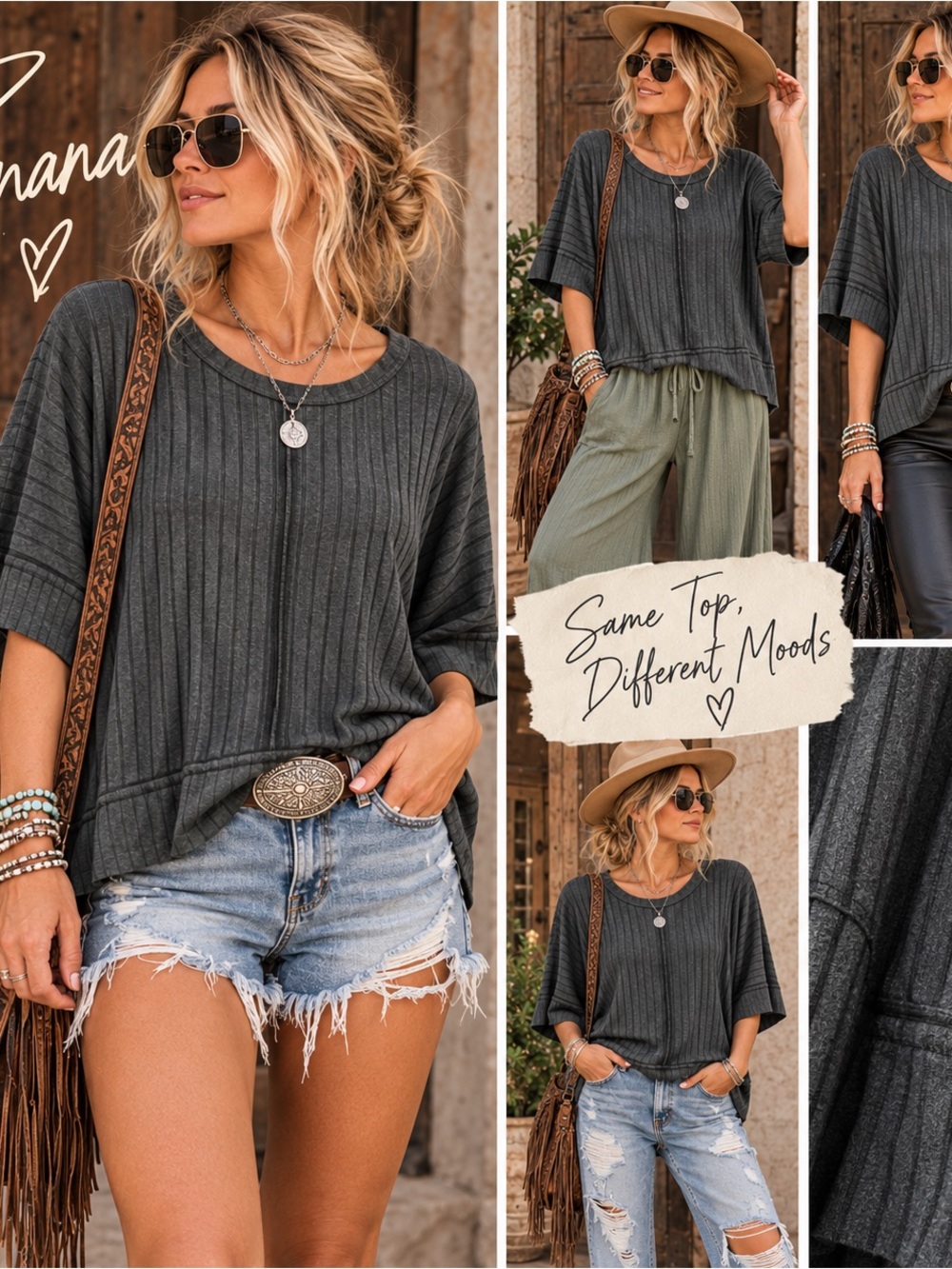 Zenana Outfitters Charcoal Ribbed Scoop-Neck Short Sleeve Top